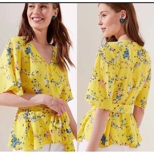 LOFT Womens Sz SP S P Yellow Floral Peplum Wrap Top Flutter Kimono Sleeve Blouse